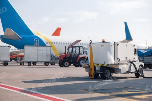 Preview: White airplane at airport refueling station outdoors on a daytime. Aircraft