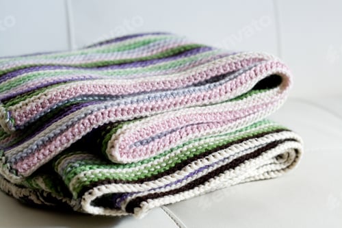 Preview: Knitting striped rug with white, purple, green and pink stripes