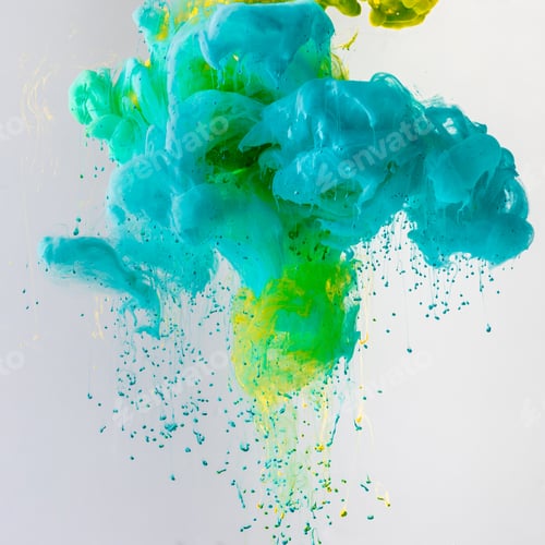 Preview: design with flowing turquoise, blue and green paint in water with drops, isolated on grey
