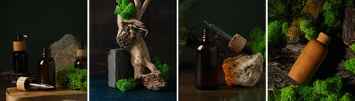 Preview: Collage of photos of ecological cosmetics from natural materials.