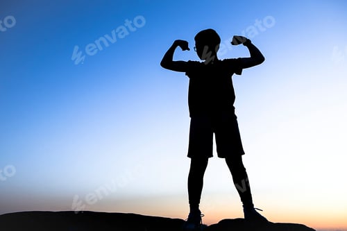Preview: Boy in silhouette makes a muscle.