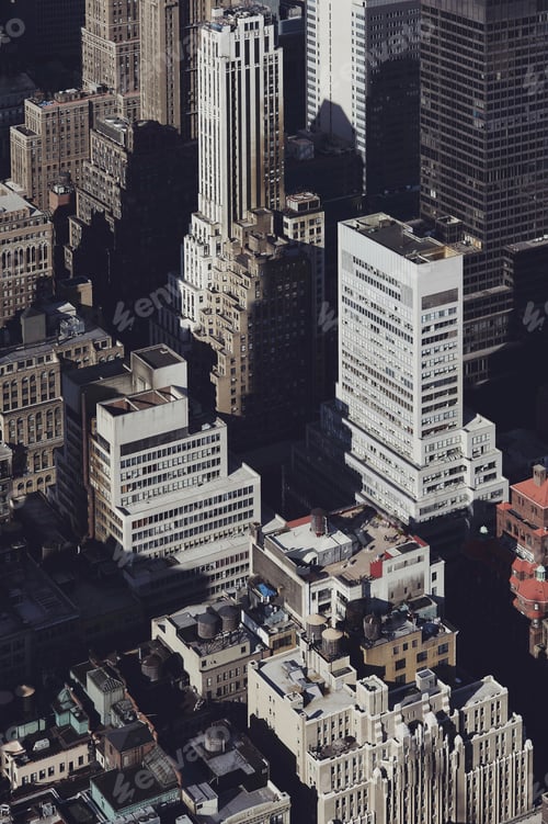 Preview: aerial view of modern skyscrapers in bright sunlight