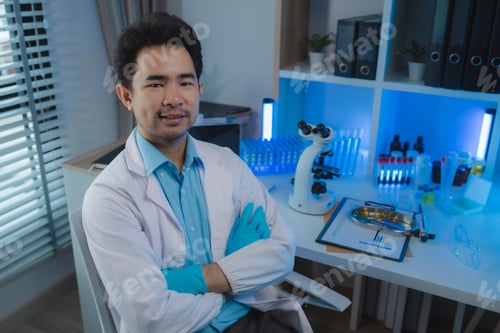 Preview: working atmosphere in the laboratory, chemistry and science specialist working in a lab with various