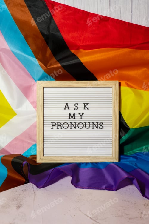 Preview: ASK MY PRONOUNS text Neo pronouns concept on Rainbow flag background gender pronouns. Non-binary