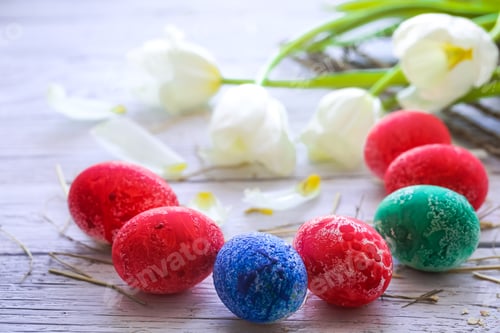 Preview: Easter still life with colored eggs and white tulips
