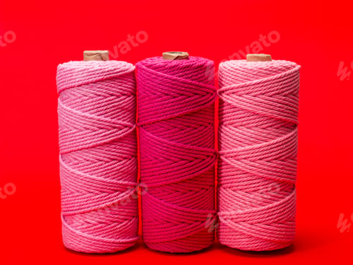 Preview: Three spools of thread in varying shades of pink, set against a vivid red background.