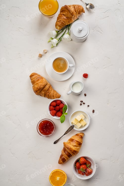 Preview: Continental breakfast captured from above, flat lay, top view