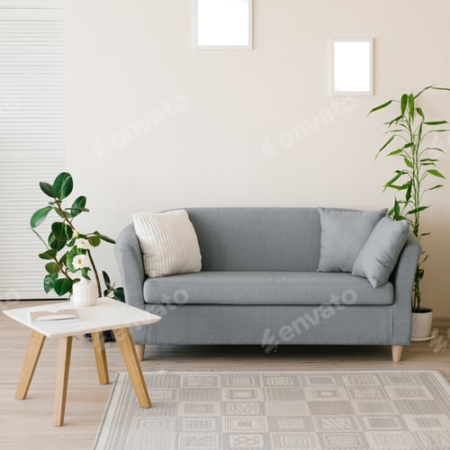 Preview: The interior of a modern living room in bright colors. Sofa with pillows, coffee table, ficus