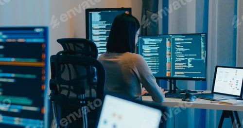 Preview: Young Asia female freelance eyeglasses typing write prompt AI bot IT app smart program nomad, video.