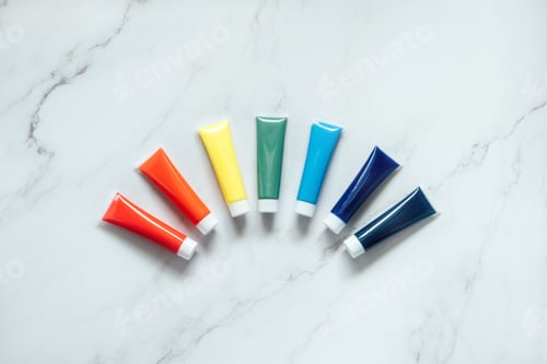 Preview: Drawing painting class. Colorful paints, brushes, stationery, supplies for drawing and craft