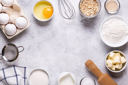 Preview: Ingredients for baking - flour, milk, salt, sugar, eggs.
