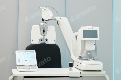 Preview: Ophthalmic Diagnostic Equipment Performing Eye Examination in Medical Clinic