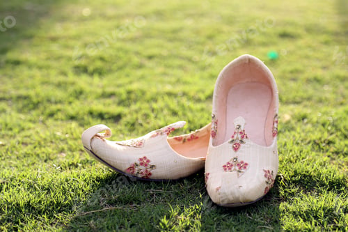 Preview: Closeup of beautiful vintage floral white women shoes on the grass under sunlight