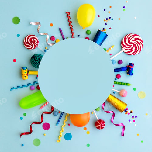Preview: Colorful birthday party flat lay background