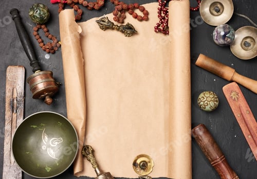 Preview: Religious objects for prayer and meditation, with a sheet of brown paper in the middle for writing.