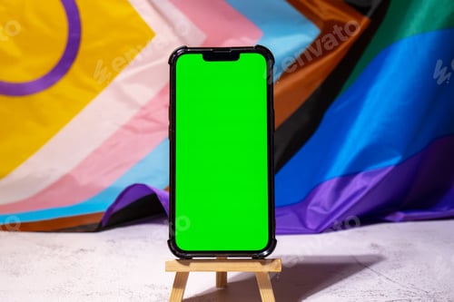Preview: Mobile phone with chroma key on Rainbow LGBTQIA flag made from silk material background. Happy pride