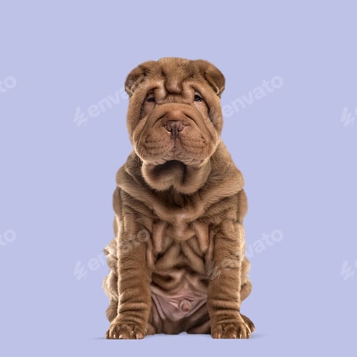 Preview: Chocolate shar pei puppy sitting and looking forward on a purple background
