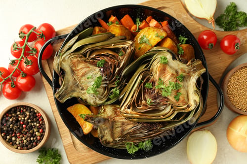 Preview: Concept of tasty food with grilled artichoke, top view
