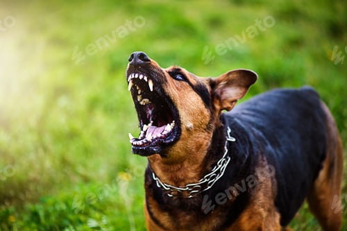 Preview: Angry dog attacks. The dog looks aggressive and dangerous.