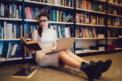 Preview: Female student with laptop reading book in library