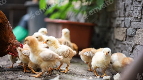 Preview: A laying hen with her chickens walks around the yard and collects crumbs of bread.