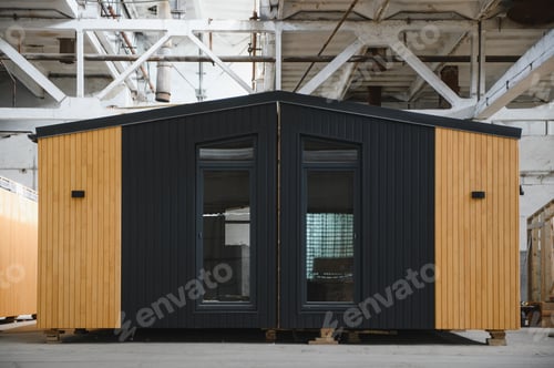 Preview: A new wooden modular prefabricated house inside in manufacturing facility