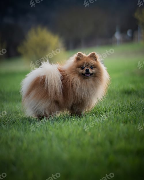 Preview: Vertical shot of an adorable fluffy pomeranian dog on a grassy field