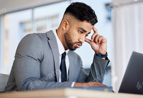 Preview: Stress, laptop and tired with business man in office for anxiety, tax and burnout. Mental health, g