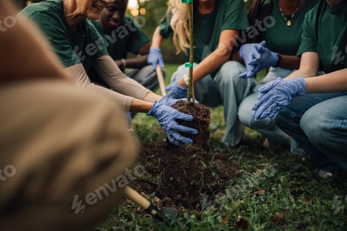 Preview: Group of volunteers planting a tree in the park