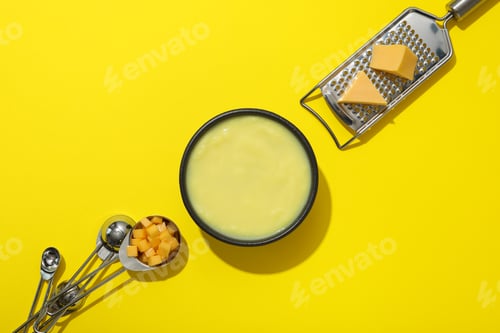 Preview: Cheese soup in a bowl with a grater and spoons