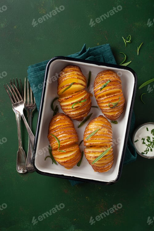 Preview: baked hasselback potato with cheddar cheese and rosemary