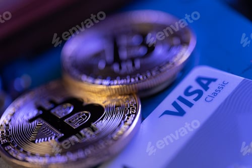 Preview: Golden coin with bitcoin symbol and Visa card