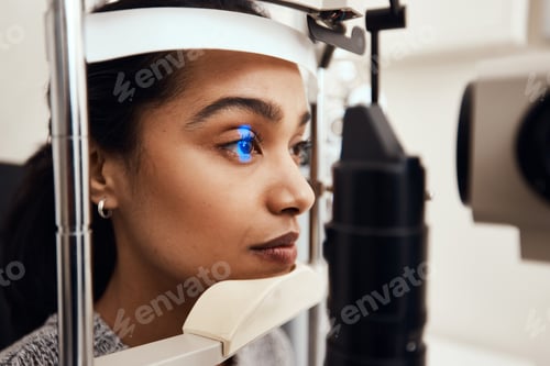 Preview: Keep as still as possible. Shot of a young woman getting her eyes examined with a slit lamp.