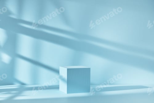 Preview: Blue background for product presentation with shadows and light. Empty cubic podium. Mockup.