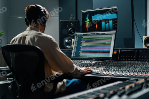 Preview: Sound engineer working in music studio with monitors and equalizer on screen mastering tracks