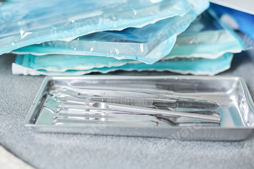 Preview: Sterilized medical dental steel tools, closeup, sterilization department of dental clinic