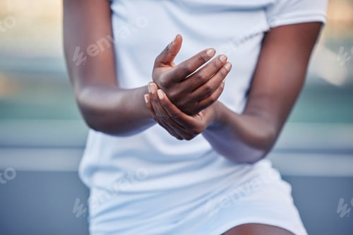 Preview: Tennis, sport and hand injury, pain and black woman hurt during game, fitness and exercise with spo