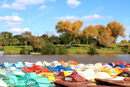 Preview: Multi-colored boats on the pier in the park on the pond on the background of green