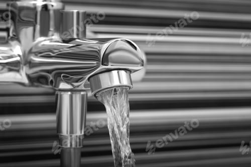 Preview: Water flowing from tap in bathroom, closeup