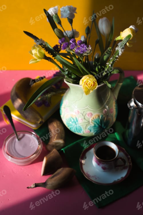 Preview: Spring breakfast on the colorful background vertical