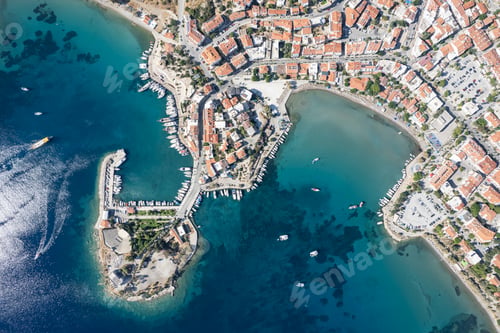 Preview: Datca city beach and marina aerial panoramic view. Marmaris city in Mugla Province, Turkey.