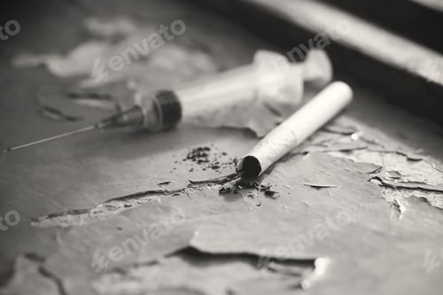 Preview: Drugs Syringe Pills And Cigarette Lie On The Table