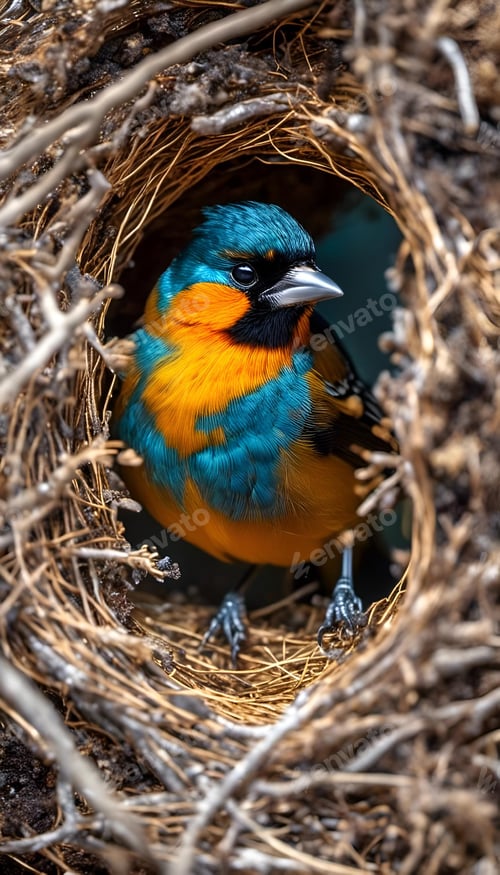 Preview: Blue and orange bird in a nest