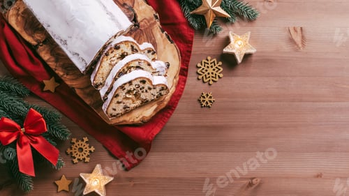Preview: Christmas Stollen background with golden and red decor