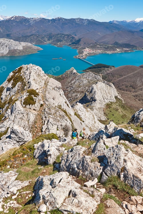 Preview: Picturesque reservoir and mountain landscape in Riano. Trekking. Spain