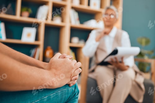 Preview: Hands, psychology and patient with anxiety in a session for help or mental health counseling. Healt