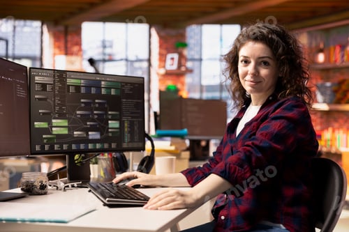 Preview: Portrait of smiling woman working in AI tech agency