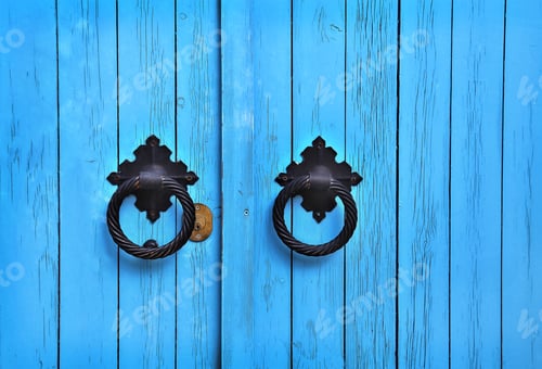 Preview: Blue wooden door with round handles