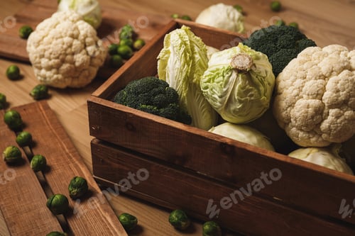 Preview: A lot of different cabbages in the wooden box