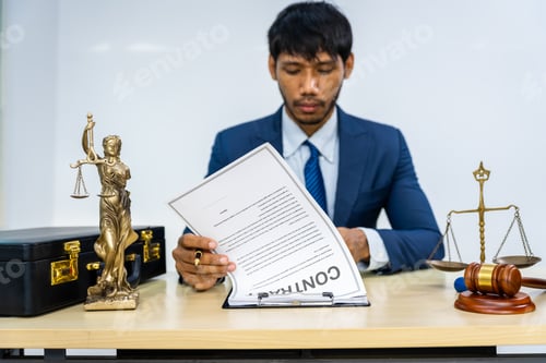 Preview: Male Asian lawyer in formal suit handles contracts, agreements, legal obligations, rights liberties